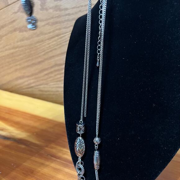 Lia Sophia Charade Silver Tone W Black Beading Necklace Earrings Set Layered NEW - Picture 10 of 11